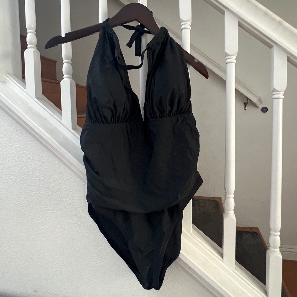 Cupshe Black Halter‎ One Piece Swimsuit Ruched V-Neck Draped Back Size 1X